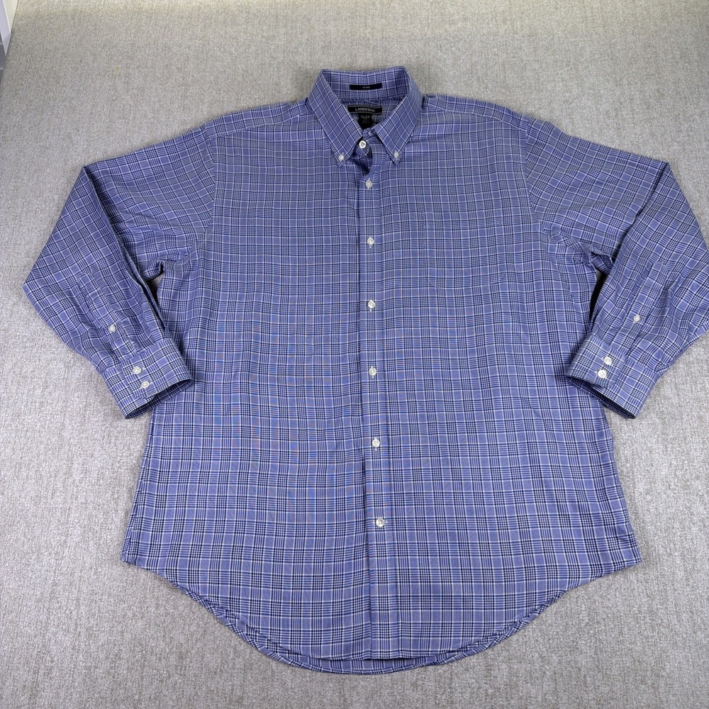 Lands'‎ End Shirt Men 17-34 Blue Tailored Fit No Iron Check Oxford